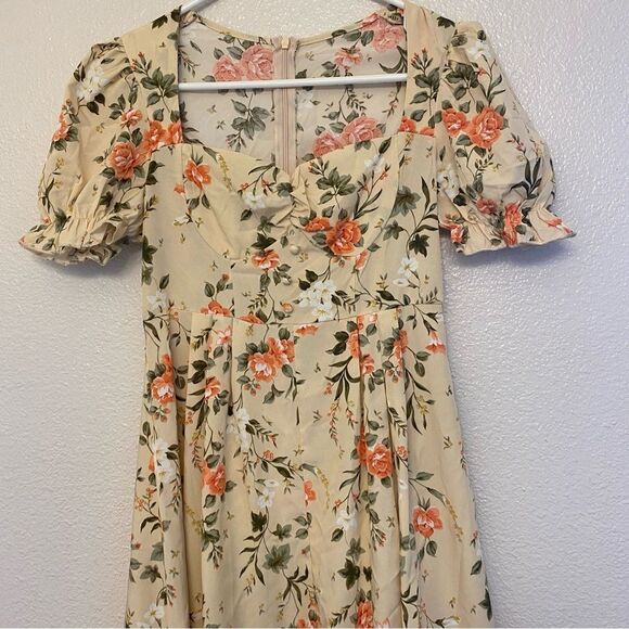 Floral midi dress sweetheart neckline button front puff sleeve feminine Dress XS - Picture 5 of 12
